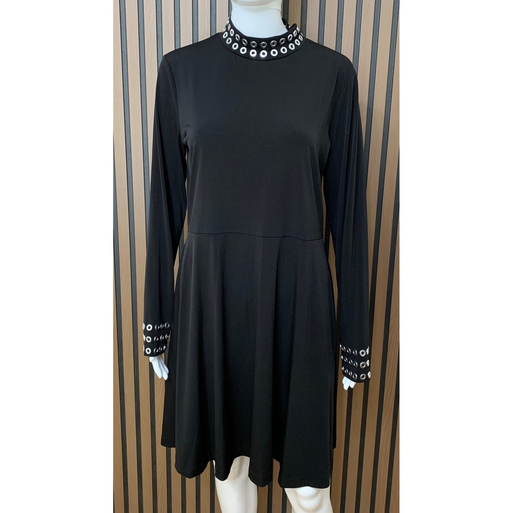 Michael Michael Kors Black Grommet Mock Neck Long Sleeve Fit Flare Dress Large